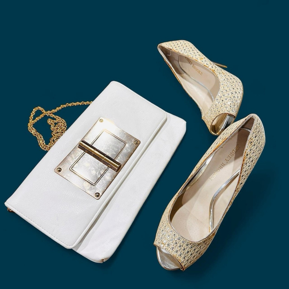 Vintage White Clutch & Audrey Brooke Gold Heels 8 Bundle Wedding Prom Formal
